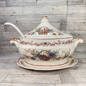 Japanese Ceramic Soup Tureen Party Bowl Set W Lid Ladle Underplate Fruit Harvest